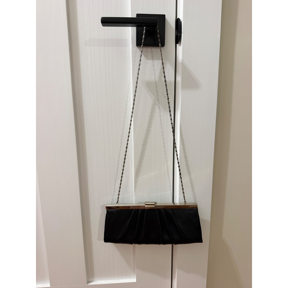 Jessica McClintock Black Satin Pleated Evening Clutch Bag Silver Chain Strap